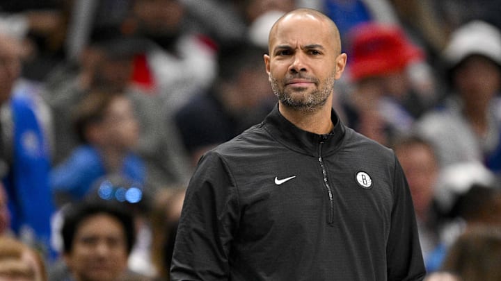 Mar 31, 2025; Dallas, Texas, USA; Brooklyn Nets head coach Jordi Fernandez looks on during the first quarter against the Dallas Mavericks at the American Airlines Center. Mandatory Credit: Jerome Miron-Imagn Images
