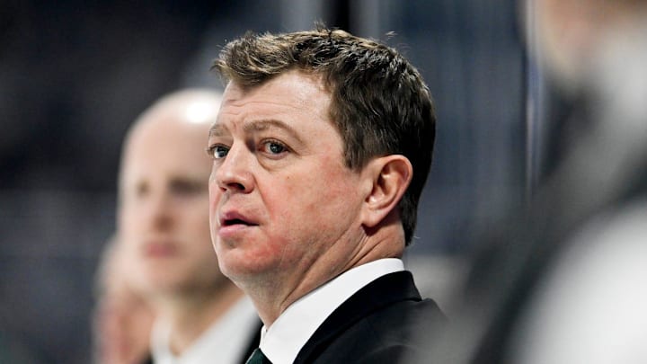 Michigan State's head coach Adam Nightingale looks on during the third period in the game against Ohio State on Saturday, Feb. 24, 2024, at Munn Arena in East Lansing. Michigan State's head coach Adam Nightingale looks on during the third period in the game against Ohio State on Saturday, Feb. 24, 2024, at Munn Arena in East Lansing.