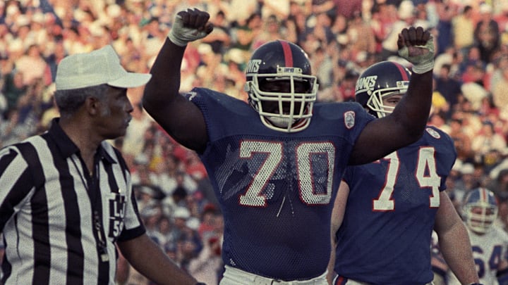 Jan 25, 1987; Pasadena, CA, USA; FILE PHOTO; New York Giants defensive end Leonard Marshall (70) reacts o the field against the Denver Broncos during Super Bowl XXI at the Rose Bowl. The Giants defeated the Broncos 39-20. Mandatory Credit: Bob Deutsch-Imagn Images