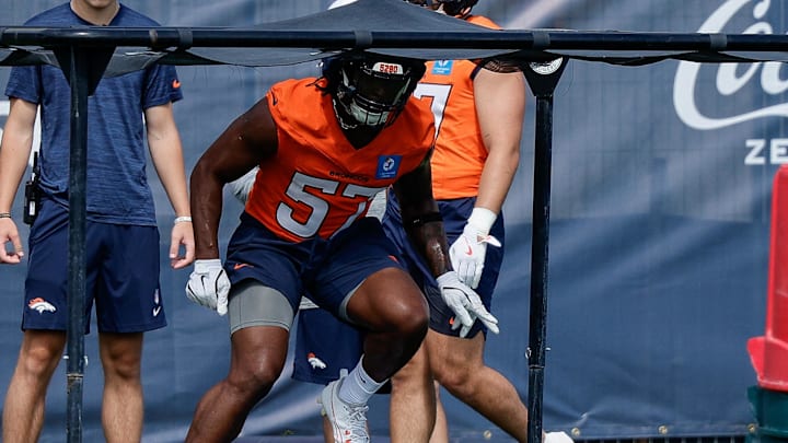 Jul 24, 2025; Englewood, CO, USA; Denver Broncos linebacker Dre Greenlaw (57) during Denver Broncos Training Camp. Jul 24, 2025; Englewood, CO, USA; Denver Broncos linebacker Dre Greenlaw (57) during Denver Broncos Training Camp.