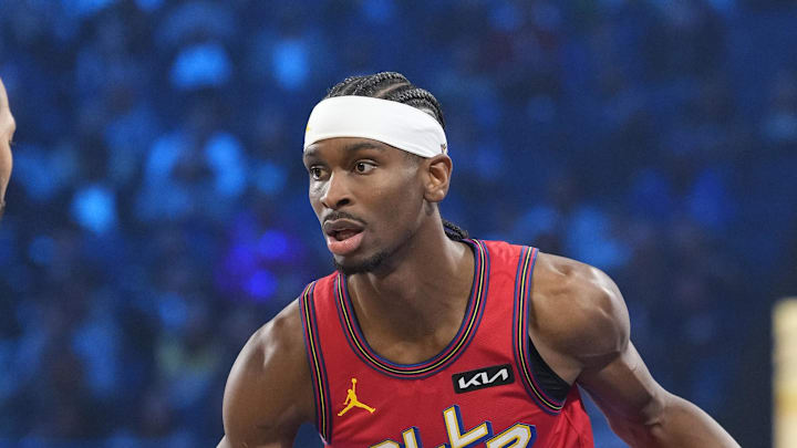 Feb 16, 2025; San Francisco, CA, USA; Chuck’s Global Stars guard Shai Gilgeous-Alexander (2) of the Oklahoma City Thunder controls the ball during the 2025 NBA All Star Game at Chase Center. Mandatory Credit: Kyle Terada-Imagn Images
