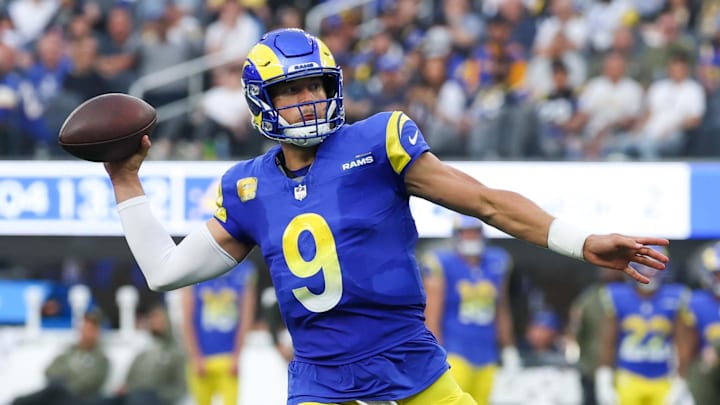 Nov 2, 2025; Inglewood, California, USA; Los Angeles Rams quarterback Matthew Stafford (9) throws a pass against the New Orleans Saints during the second half at SoFi Stadium. Mandatory Credit: Kiyoshi Mio-Imagn Images