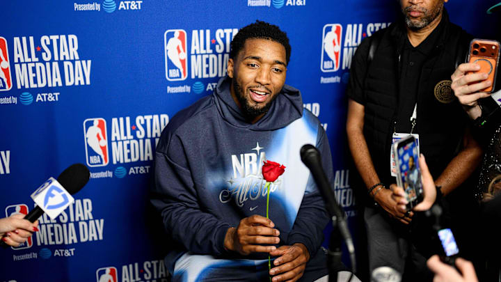 Feb 14, 2026; Inglewood, California, USA; Donovan Mitchell speaks during interviews at media day at Intuit Dome. Mandatory Credit: William Liang-Imagn Images Feb 14, 2026; Inglewood, California, USA; Donovan Mitchell speaks during interviews at media day at Intuit Dome. Mandatory Credit: William Liang-Imagn Images