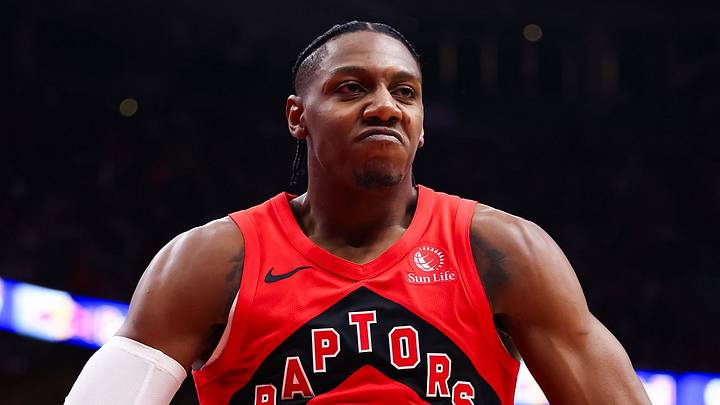 TORONTO, CANADA - MAY 1: RJ Barrett #9 of the Toronto Raptors reacts after a basket against the Cleveland Cavaliers during Game Six of the First Round of the NBA Eastern Conference Playoffs at Scotiabank Arena on May 1, 2026 in Toronto, Ontario, Canada. (Photo by Cole Burston/Getty Images)
