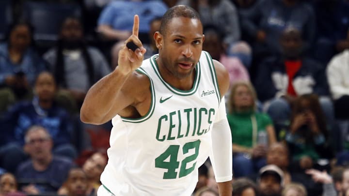 Mar 31, 2025; Memphis, Tennessee, USA; Boston Celtics center Al Horford (42) reacts after a basket during the fourth quarter against the Memphis Grizzlies at FedExForum. Mandatory Credit: Petre Thomas-Imagn Images