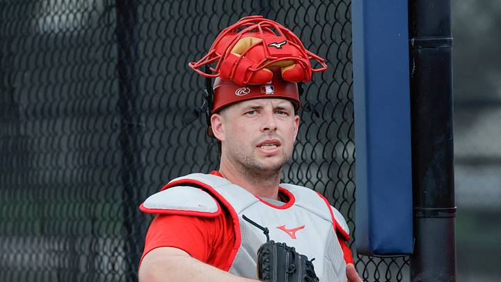 Feb 19, 2026; West Palm Beach, FL, USA;  Washington Nationals catcher Riley Adams (15) waits for the mound to be prepared during spring training workouts at CACTI Park of the Palm Beaches. Mandatory Credit: Reinhold Matay-Imagn Images