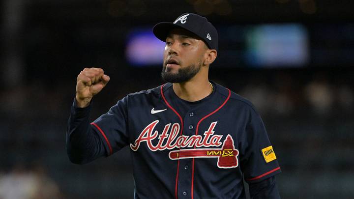 Oct 4, 2026; Los Angeles, California, USA;  Atlanta Braves pitcher Robert Suarez (75) reacts after the fifth inning against the Los Angeles Dodgers in game two of the NLDS for the 2026 MLB Playoffs at Uniqlo Field at Dodger Stadium.  Mandatory Credit: Jayne Kamin-Oncea-Imagn Images