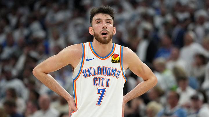 May 26, 2025; Minneapolis, Minnesota, USA; Oklahoma City Thunder forward Chet Holmgren (7) reacts against the Minnesota Timberwolves in the second half during game four of the western conference finals for the 2025 NBA Playoffs at Target Center. Mandatory Credit: Jesse Johnson-Imagn Images