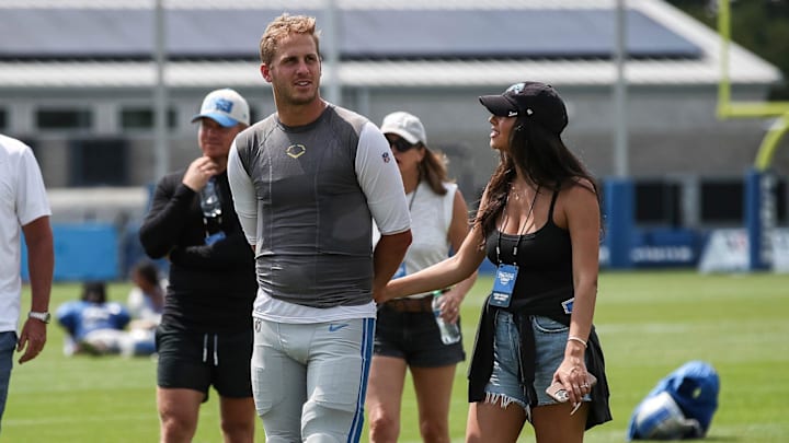 Detroit Lions quarterback Jared Goff and his fiancee Christen Harper walk off the field after the joint practice with Giants Detroit Lions quarterback Jared Goff and his fiancee Christen Harper walk off the field after the joint practice with Giants