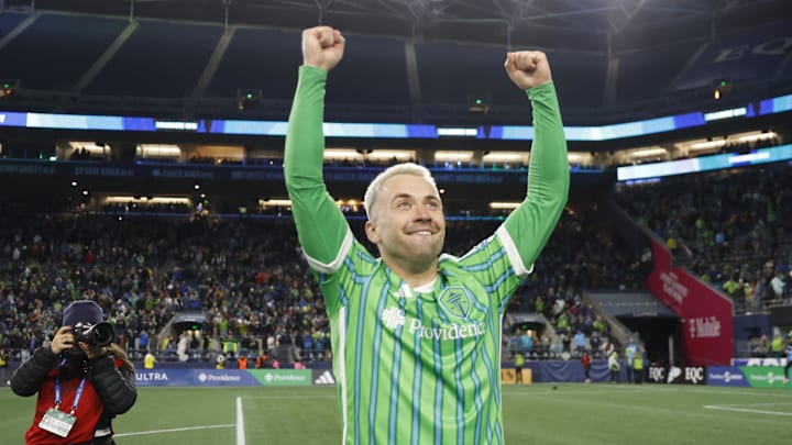 Oct 28, 2024; Seattle, Washington, USA; Seattle Sounders FC midfielder Albert Rusnak (11) celebrates defeatingthe Houston Dynamo FC in a 2024 MLS Cup Playoffs Round One match at Lumen Field. Mandatory Credit: Joe Nicholson-Imagn Images