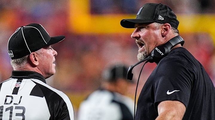 Detroit Lions head coach Dan Campbell talks to referee regarding a call during the first half against Kansas City Chiefs