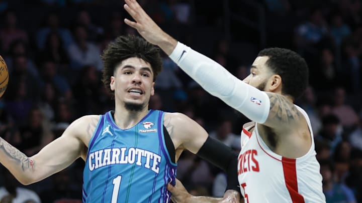 Jan 26, 2024; Charlotte, North Carolina, USA; Charlotte Hornets guard LaMelo Ball (1) moves against Houston Rockets guard Fred VanVleet (5) during the first quarter at Spectrum Center. Mandatory Credit: Nell Redmond-Imagn Images Jan 26, 2024; Charlotte, North Carolina, USA; Charlotte Hornets guard LaMelo Ball (1) moves against Houston Rockets guard Fred VanVleet (5) during the first quarter at Spectrum Center. Mandatory Credit: Nell Redmond-Imagn Images