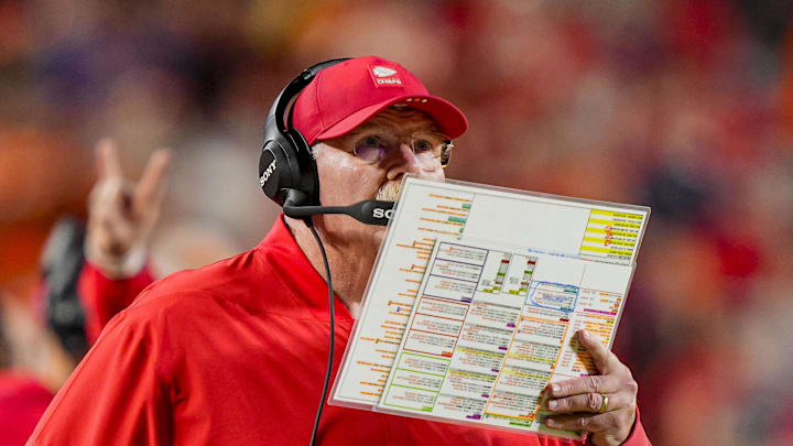 Dec 25, 2025; Kansas City, Missouri, USA; Kansas City Chiefs coach Andy Reid during the fourth quarter at GEHA Field at Arrowhead Stadium. Mandatory Credit: Jay Biggerstaff-Imagn Images