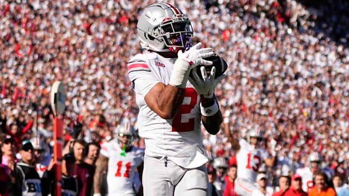 Ohio State Buckeyes wide receiver Emeka Egbuka (2) makes a touchdown catch during the first half of the NCAA football game against the Penn State Nittany Lions at Beaver Stadium in University Park, Pa. on Saturday, Nov. 2, 2024.