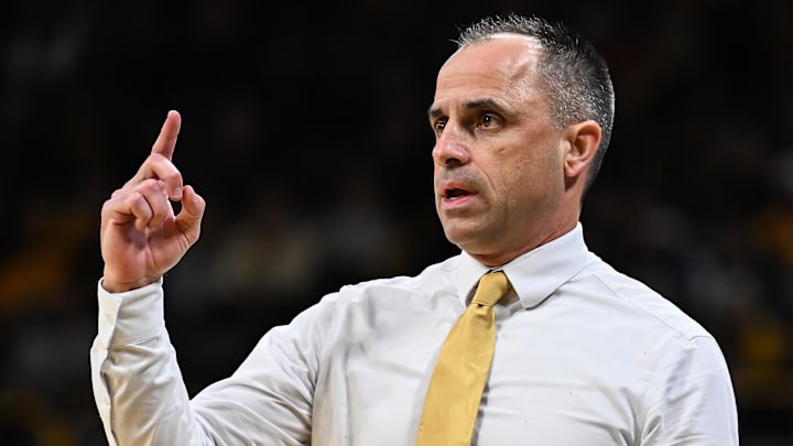Feb 8, 2026; Iowa City, Iowa, USA; Iowa Hawkeyes head coach Ben McCollum reacts during the first half against the Northwestern Wildcats at Carver-Hawkeye Arena. Mandatory Credit: Jeffrey Becker-Imagn Images