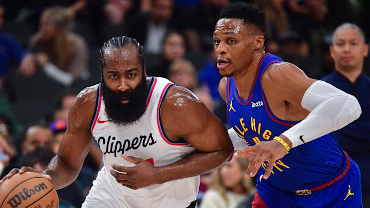 Dec 1, 2024; Inglewood, California, USA; Los Angeles Clippers guard James Harden (1) moves the ball against Denver Nuggets guard Russell Westbrook (4) during the first half at Intuit Dome. Mandatory Credit: Gary A. Vasquez-Imagn Images Dec 1, 2024; Inglewood, California, USA; Los Angeles Clippers guard James Harden (1) moves the ball against Denver Nuggets guard Russell Westbrook (4) during the first half at Intuit Dome. Mandatory Credit: Gary A. Vasquez-Imagn Images