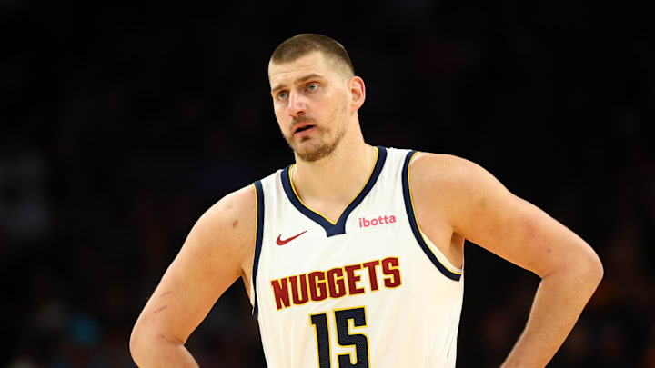 Mar 24, 2026; Phoenix, Arizona, USA; Denver Nuggets center Nikola Jokic (15) against the Phoenix Suns in the first half at Mortgage Matchup Center. Mar 24, 2026; Phoenix, Arizona, USA; Denver Nuggets center Nikola Jokic (15) against the Phoenix Suns in the first half at Mortgage Matchup Center.