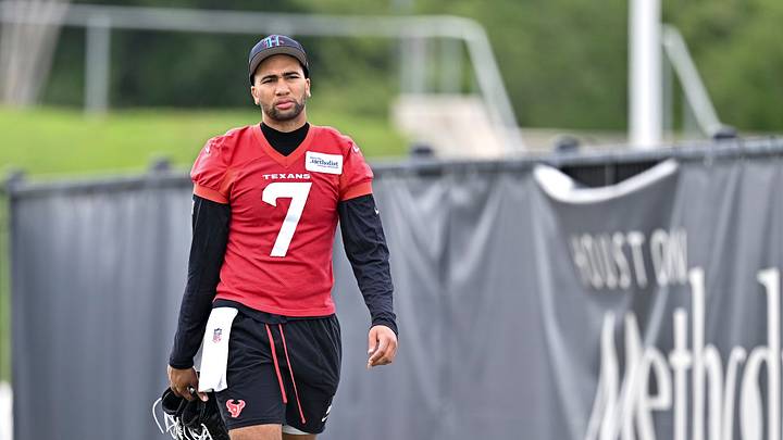 Jun 9, 2026; Houston, Texas, USA; Houston Texans quarterback C.J. Stroud arrives for the team’s minicamp at Houston Methodist Training Center. Mandatory Credit: Maria Lysaker-Imagn Images