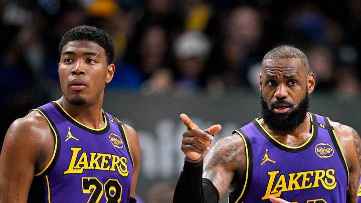 Apr 9, 2025; Dallas, Texas, USA; Los Angeles Lakers forward Rui Hachimura (28) and forward LeBron James (23) and guard Luka Doncic (77) and forward Dorian Finney-Smith (17) during the game between the Dallas Mavericks and the Los Angeles Lakers at American Airlines Center. Mandatory Credit: Jerome Miron-Imagn Images