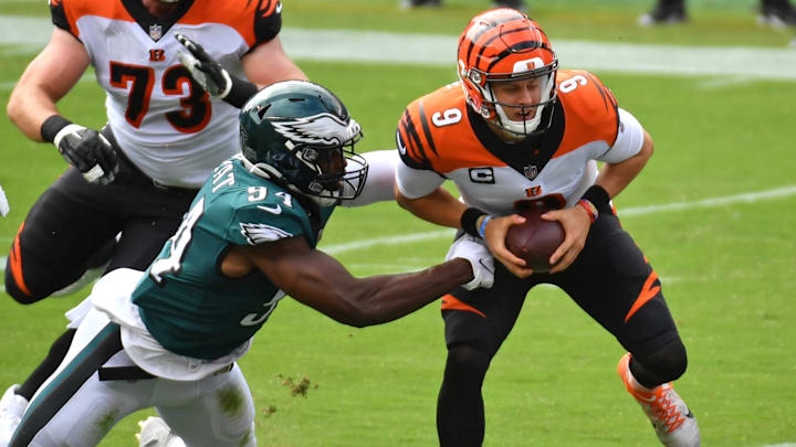 Sep 27, 2020; Philadelphia, Pennsylvania, USA; Cincinnati Bengals quarterback Joe Burrow (9) is sacked by Philadelphia Eagles defensive end Josh Sweat (94) during the first quarter at Lincoln Financial Field. Mandatory Credit: Eric Hartline-Imagn Images Sep 27, 2020; Philadelphia, Pennsylvania, USA; Cincinnati Bengals quarterback Joe Burrow (9) is sacked by Philadelphia Eagles defensive end Josh Sweat (94) during the first quarter at Lincoln Financial Field. Mandatory Credit: Eric Hartline-Imagn Images