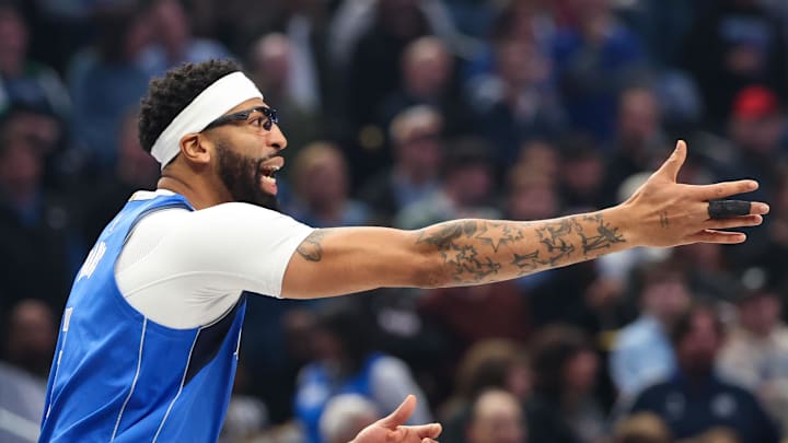 Dec 3, 2025; Dallas, Texas, USA;  Dallas Mavericks forward Anthony Davis (3) reacts before the game against the Miami Heat at American Airlines Center. Mandatory Credit: Kevin Jairaj-Imagn Images
