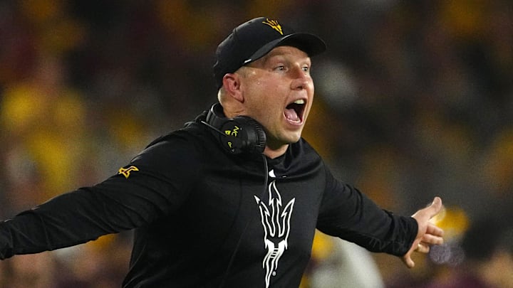 Arizona State head coach Kenny Dillingham yells to his team as they play against NAU during a game at Mountain America Stadium in Tempe on Aug. 30, 2025.