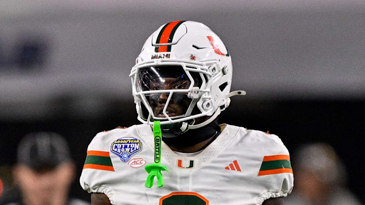 Miami Hurricanes defensive back Keionte Scott (0) looks on during the 2025 Cotton Bowl and quarterfinal game