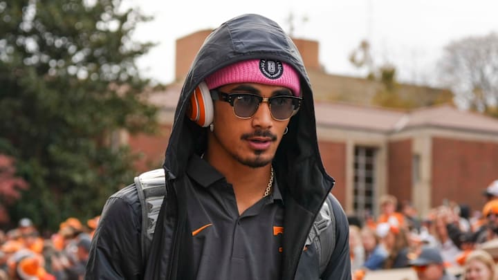 Tennessee quarterback Nico Iamaleava (8) during the Vol Walk ahead of Tennessee's game against UTEP in Neyland Stadium on Saturday, November 23, 2024.
