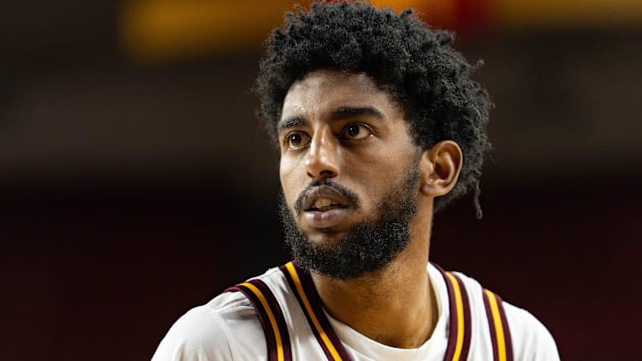 Arizona State Sun Devils Moe Odum (5) looks at the net before taking a shot during a game against the Southern Utah Thunderbirds at Desert Financial Arena in Tempe on Nov. 4, 2025. Arizona State Sun Devils Moe Odum (5) looks at the net before taking a shot during a game against the Southern Utah Thunderbirds at Desert Financial Arena in Tempe on Nov. 4, 2025.