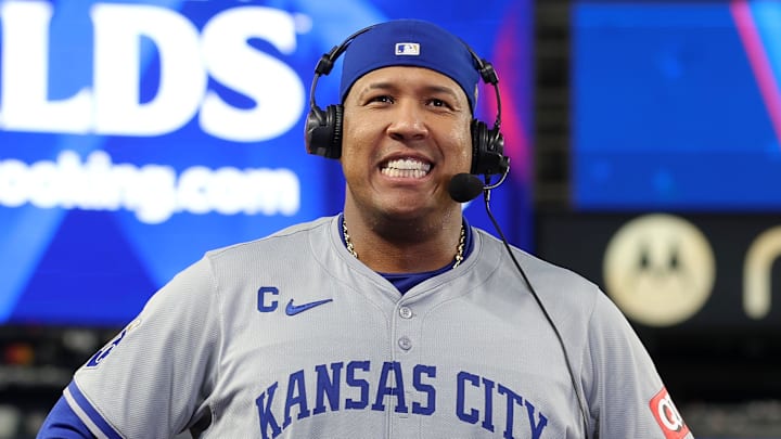 Kansas City Royals catcher Salvador Perez speaks with the media after an ALDS game.