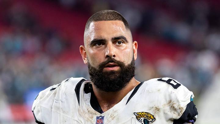 Nov 23, 2025; Glendale, Arizona, USA; Jacksonville Jaguars offensive lineman Patrick Mekari (65) against the Arizona Cardinals at State Farm Stadium. Mandatory Credit: Mark J. Rebilas-Imagn Images