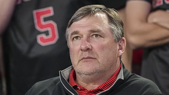 Feb 25, 2025; Athens, Georgia, USA; Georgia Bulldogs head football coach Kirby Smart watches the basketball game between Georgia and the Florida Gators during the second half at Stegeman Coliseum. 