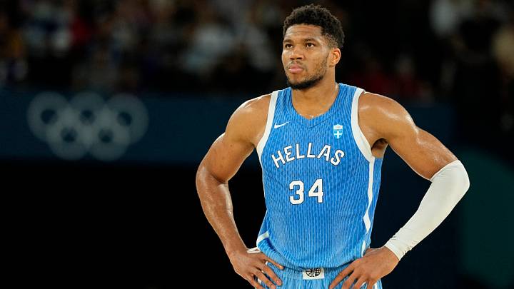 Aug 6, 2024; Paris, France; Greece small forward Giannis Antetokounmpo (34) looks on against Germany during a men’s basketball quarterfinal game during the Paris 2024 Olympic Summer Games at Accor Arena. Mandatory Credit: Kyle Terada-USA TODAY Sports Aug 6, 2024; Paris, France; Greece small forward Giannis Antetokounmpo (34) looks on against Germany during a men’s basketball quarterfinal game during the Paris 2024 Olympic Summer Games at Accor Arena. Mandatory Credit: Kyle Terada-USA TODAY Sports