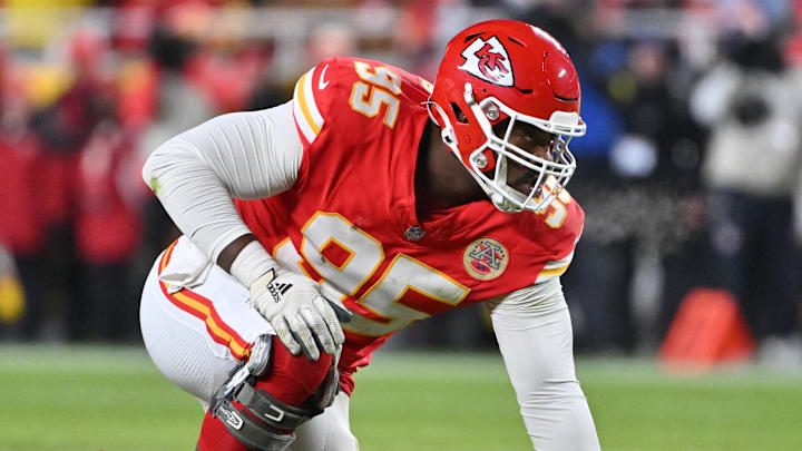 Dec 7, 2025; Kansas City, Missouri, USA; Kansas City Chiefs defensive tackle Chris Jones (95) lines up for the snap during the second quarter against the Houston Texans at GEHA Field at Arrowhead Stadium. Mandatory Credit: Amy Kontras-Imagn Images