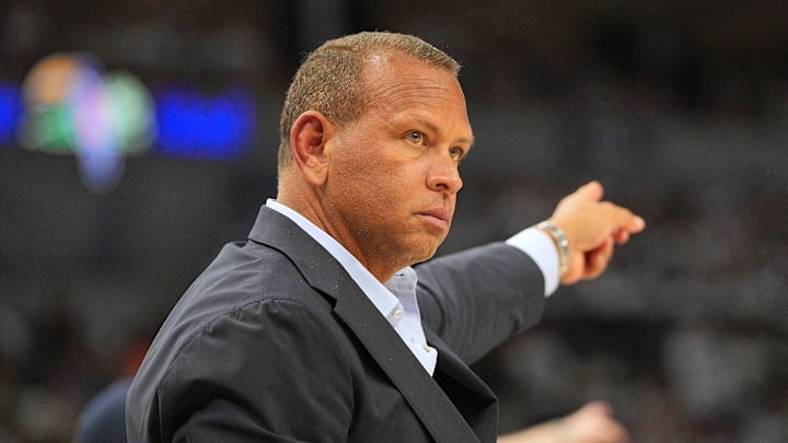May 24, 2025; Minneapolis, Minnesota, USA; Minnesota Timberwolves co-owner Alex Rodriguez reacts against the Oklahoma City Thunder during the first half in game three of the western conference finals for the 2025 NBA Playoffs at Target Center. Mandatory Credit: Brad Rempel-Imagn Images