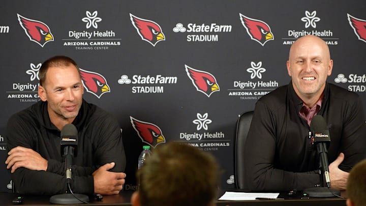 Arizona Cardinals head coach, Jonathan Gannon, and general manager Monti Ossenfort discuss the upcoming NFL Draft during a press conference at Dignity Health Arizona Cardinals Training Center in Tempe on April 16, 2025.