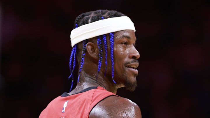 Dec 8, 2024; Miami, Florida, USA; Miami Heat forward Jimmy Butler (22) smiles at the bench against the Cleveland Cavaliers during the second half at Kaseya Center. Mandatory Credit: Rhona Wise-Imagn Images Dec 8, 2024; Miami, Florida, USA; Miami Heat forward Jimmy Butler (22) smiles at the bench against the Cleveland Cavaliers during the second half at Kaseya Center. Mandatory Credit: Rhona Wise-Imagn Images