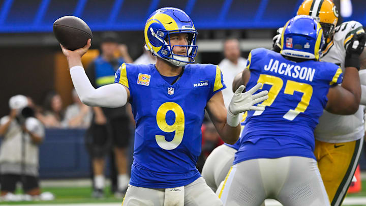 Oct 6, 2024; Inglewood, California, USA; Los Angeles Rams quarterback Matthew Stafford (9) throws a pass during the third quarter against the Green Bay Packers at SoFi Stadium. Mandatory Credit: Robert Hanashiro-Imagn Images