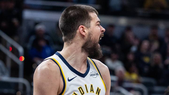 Mar 18, 2026; Indianapolis, Indiana, USA; Indiana Pacers center Ivica Zubac (40) reacts to a basket in the first half against the Portland Trail Blazers at Gainbridge Fieldhouse. Mandatory Credit: Trevor Ruszkowski-Imagn Images