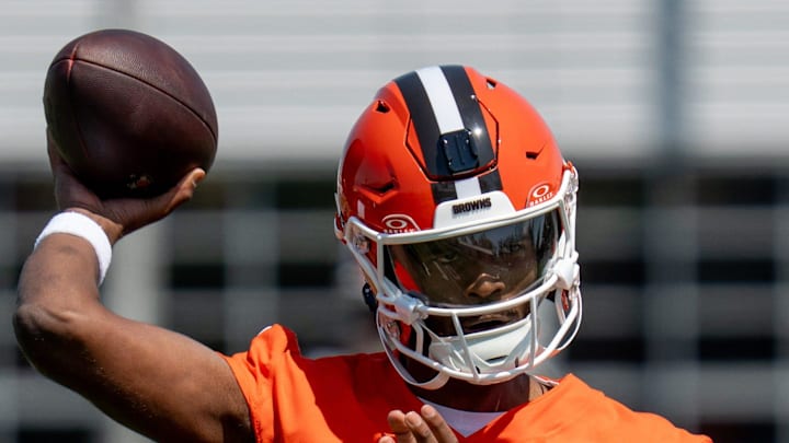 Shedeur Sanders throws a pass at the Browns mini camp in Berea on April 21, 2026.