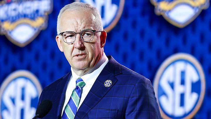 Jul 20, 2026; Tampa, FL, USA; SEC Commissioner Greg Sankey speaks to the press during SEC Football Kickoff Media Day at the Tampa Marriott. Mandatory Credit: Nathan Ray Seebeck-Imagn Images Jul 20, 2026; Tampa, FL, USA; SEC Commissioner Greg Sankey speaks to the press during SEC Football Kickoff Media Day at the Tampa Marriott. Mandatory Credit: Nathan Ray Seebeck-Imagn Images