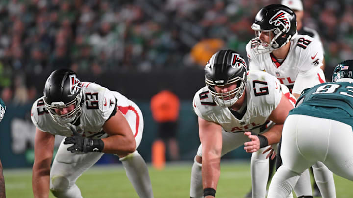 The Atlanta Falcons have had injuries on the offensive line including starting center Drew Dalman (67). The Atlanta Falcons have had injuries on the offensive line including starting center Drew Dalman (67).