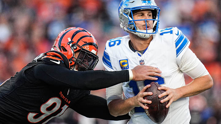 Detroit Lions quarterback Jared Goff (16) is sacked by Cincinnati Bengals defensive end Trey Hendrickson (91) Detroit Lions quarterback Jared Goff (16) is sacked by Cincinnati Bengals defensive end Trey Hendrickson (91)