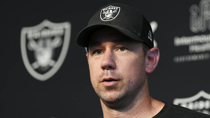 May 20, 2026; Henderson, NV, USA; Las Vegas Raiders head coach Klint Kubiak speaks during a news conference during organized team activities at Intermountain Health Performance Center. Mandatory Credit: Candice Ward-Imagn Images