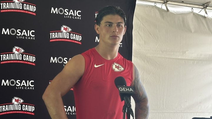 July 18, 2024: Former rugby star Louis Rees-Zammit speaks to the media during a press conference at Kansas City Chiefs training camp in St. Joseph, Missouri. Photo credit: Aaron Ladd, KSHB 41-Kansas City July 18, 2024: Former rugby star Louis Rees-Zammit speaks to the media during a press conference at Kansas City Chiefs training camp in St. Joseph, Missouri. Photo credit: Aaron Ladd, KSHB 41-Kansas City