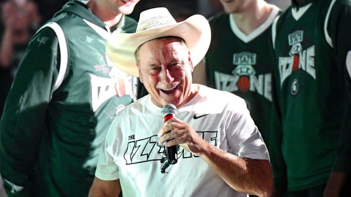 Michigan State men's basketball head coach Tom Izzo wears Gehrig Normand's cowboy hat during the Michigan State Madness event on Friday, Oct. 4, 2024, at the Breslin Center in East Lansing. Michigan State men's basketball head coach Tom Izzo wears Gehrig Normand's cowboy hat during the Michigan State Madness event on Friday, Oct. 4, 2024, at the Breslin Center in East Lansing.