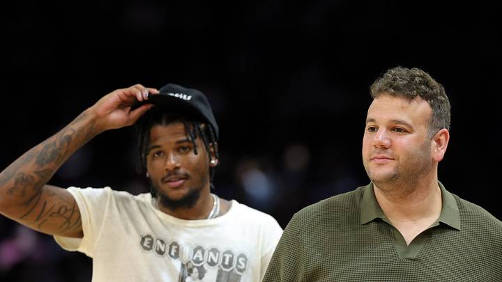 Jun 17, 2026; Phoenix, Arizona, USA; Phoenix Suns guard Jalen Green (left) and ceo Josh Bartelstein during the Phoenix Mercury game against the Las Vegas Aces at Mortgage Matchup Center. Mandatory Credit: Mark J. Rebilas-Imagn Images