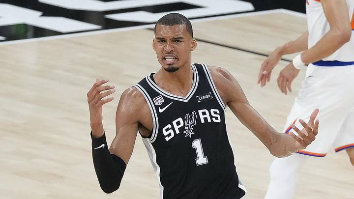 Jun 3, 2026; San Antonio, Texas, USA; San Antonio Spurs forward Victor Wembanyama (1) reacts to a call during the second quarter against the New York Knicks during game one of the 2026 NBA Finals at Frost Bank Center. Mandatory Credit: Scott Wachter-Imagn Images Jun 3, 2026; San Antonio, Texas, USA; San Antonio Spurs forward Victor Wembanyama (1) reacts to a call during the second quarter against the New York Knicks during game one of the 2026 NBA Finals at Frost Bank Center. Mandatory Credit: Scott Wachter-Imagn Images