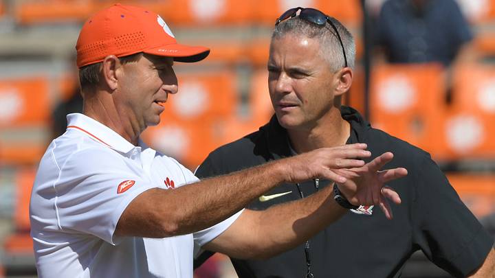 Sep 23, 2023; Clemson, South Carolina, USA; Clemson Tigers head coach Dabo Swinney and Florida State Seminoles head coach Mike Norvell before a game at Memorial Stadium. Mandatory Credit: Ken Ruinard-USA TODAY Sports Sep 23, 2023; Clemson, South Carolina, USA; Clemson Tigers head coach Dabo Swinney and Florida State Seminoles head coach Mike Norvell before a game at Memorial Stadium. Mandatory Credit: Ken Ruinard-USA TODAY Sports