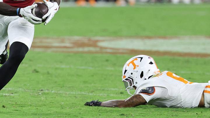 Oct 18, 2025; Tuscaloosa, Alabama, USA; Alabama Crimson Tide wide receiver Germie Bernard (5) runs with the ball in the third quarter against the Tennessee Volunteers at Saban Field at Bryant-Denny Stadium. Mandatory Credit: David Leong-Imagn Images